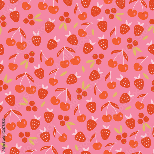 Valentine's Day seamless pattern with cherry and strawberry on pink background. Perfect for wallpaper, gift paper, romantic greeting cards. Vector hand drawn illustration