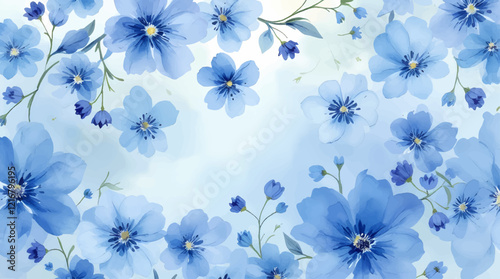 Seamless pattern with blue flowers painted in watercolor style on a white background, elegant floral design