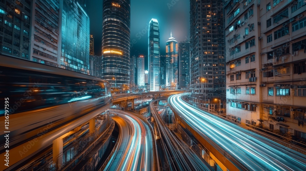 Blurred Cityscape with Motion-Blurred Traffic and Skyscrapers at Night, Depicting Modern Urban Life and Nighttime City Traffic Concepts.
