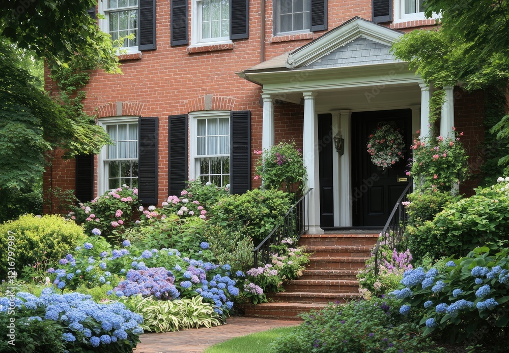 an elegant brick and gray shingle house, surrounded by lush greenery with flowers blooming in the front yard an elegant brick and gray shingle house, surrounded by lush greenery with flowers blooming in the front yard