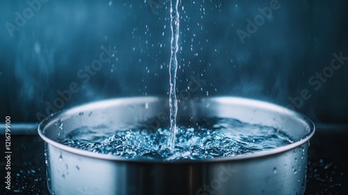 A close-up of water pouring into a metal pot, creating ripples and bubbles, with a serene blue background.