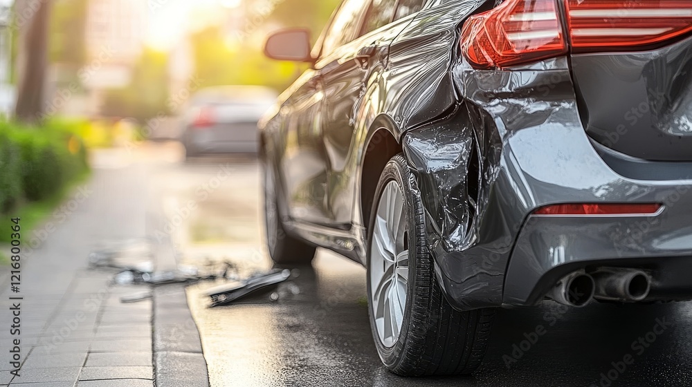 Fototapeta premium Close-Up of Two Cars Damaged After a Street Accident, Representing Car Insurance, Vehicle Damage, and Road Safety Concepts.