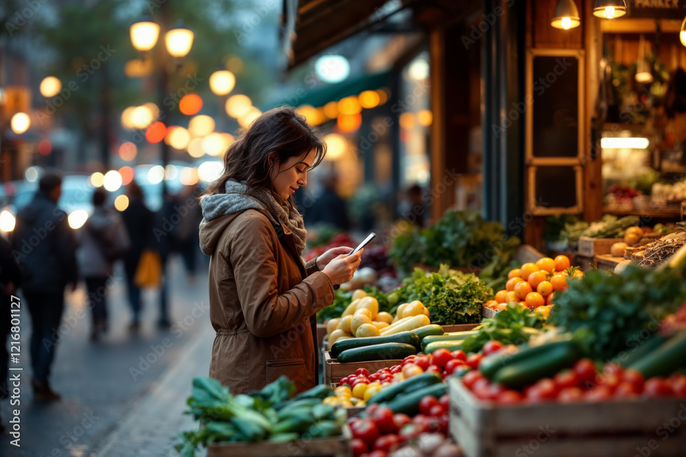 Naklejka premium Young woman browsing her phone while shopping for fresh vegetables and fruits at an illuminated outdoor street market in the evening.