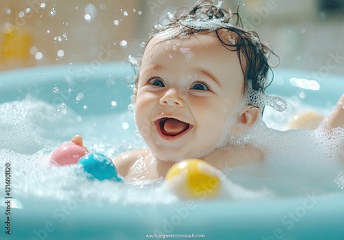 A happy baby having fun in the bathtub with blue water and soap suds, colorful toys on a white background.
