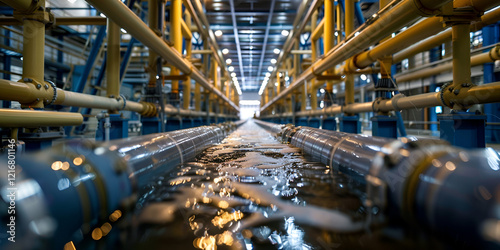 Close-up view of industrial water pipes in modern treatment plant