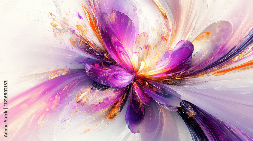 Obraz premium a unique reinterpretation of abstract floral art, purple blooms with metallic and translucent textures, dynamic sweeping arcs of motion