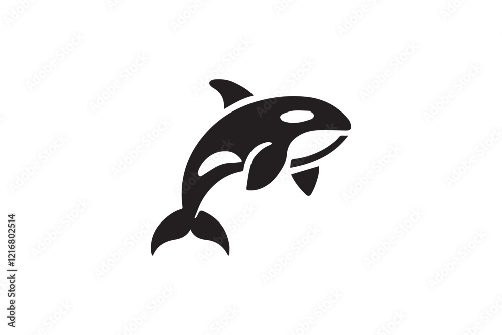 Orca silhouette vector illustration in black and white, set against a white background Orca silhouette vector illustration in black and white, set against a white background