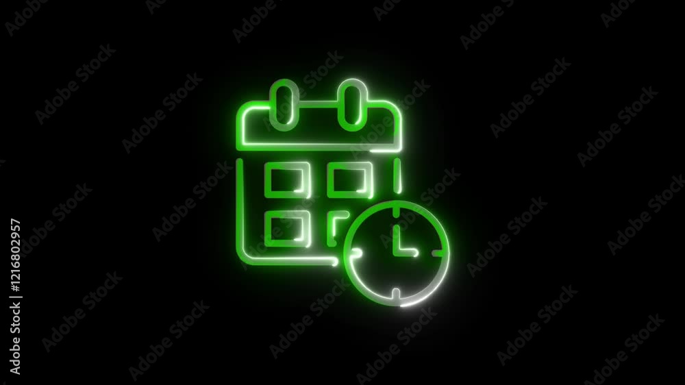 Glowing neon Time managements icon isolated , neon Calender icon with clock icon animation . Glowing neon Time managements icon isolated , neon Calender icon with clock icon animation .