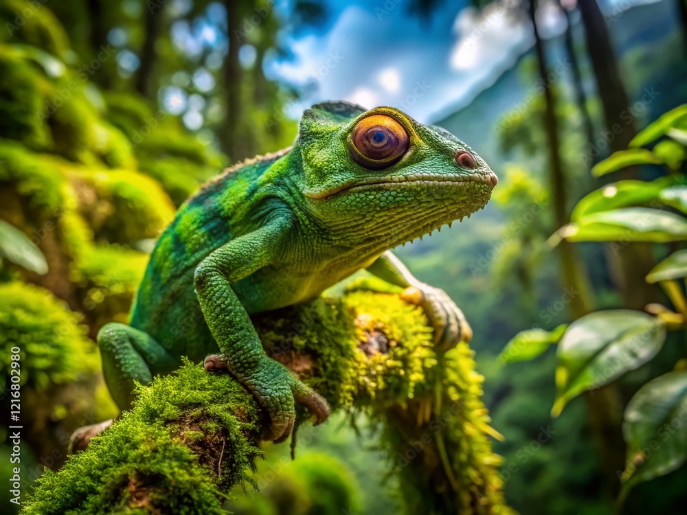 Fototapeta premium Aerial Drone Shot: Green Chameleon Perched on Lush Tree Branch in Vibrant Rainforest