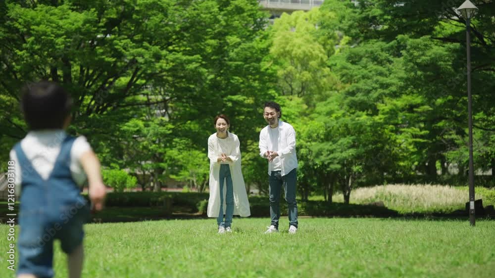 夏の公園で遊ぶ家族
夏の公園で遊ぶ家族