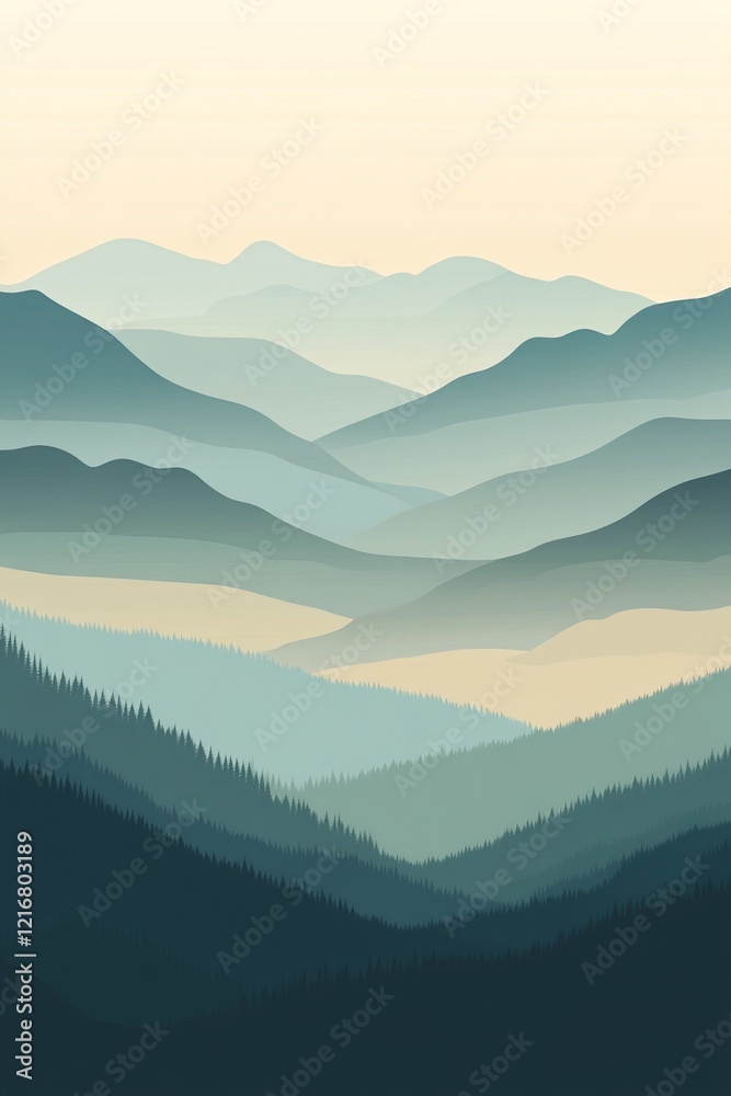 Fototapeta premium Layered mountain ranges in gradient shades with a soft minimal design aesthetic