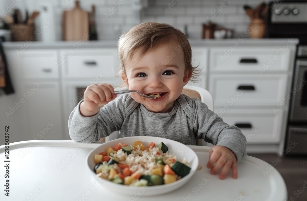 A baby in green and wearing an orange-and-yellow striped shirt is sitting on a high chair, holding a spoon with one hand while eating from it happily. A baby in green and wearing an orange-and-yellow striped shirt is sitting on a high chair, holding a spoon with one hand while eating from it happily.