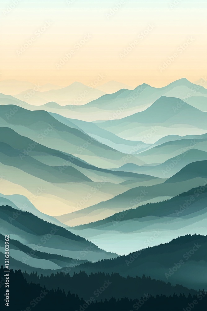 Fototapeta premium Layered mountain ranges in gradient shades with a soft minimal design aesthetic
