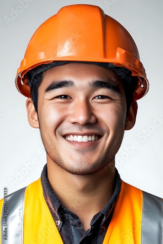 Portrait of smiling construction worker in isolated white background capturing professionalism and safety photo