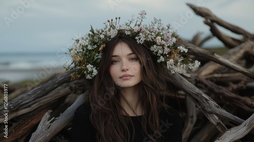 Portrait of a young woman with long brown hair and a flower crown on her head. she is standing in front of a pile of driftwood, with the ocean visible in the background. photo