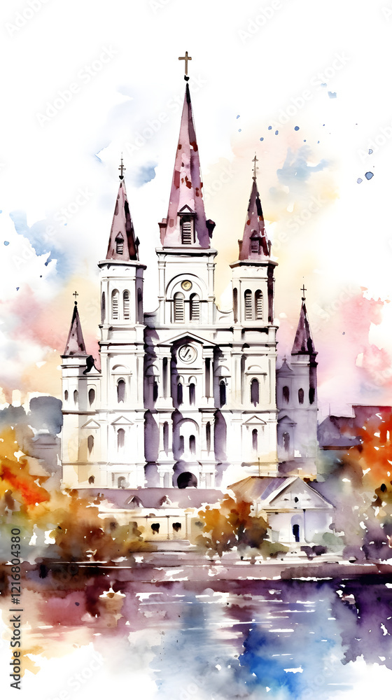 Fototapeta premium Digital watercolor street scenery abstract graphic poster background