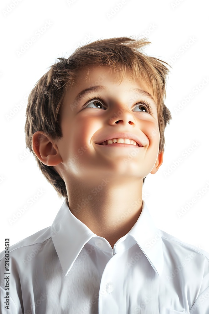 Isolated portrait of a smiling boy in a white shirt against a white background capturing joyful expressions Isolated portrait of a smiling boy in a white shirt against a white background capturing joyful expressions