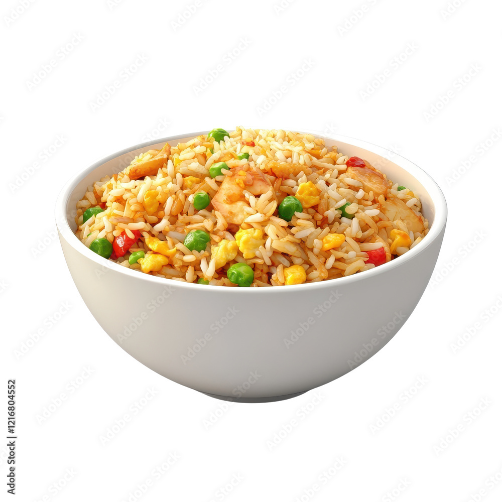 A delicious bowl of fried rice with colorful vegetables and shrimp, ready to enjoy., isolated on a transparent background. A delicious bowl of fried rice with colorful vegetables and shrimp, ready to enjoy., isolated on a transparent background.