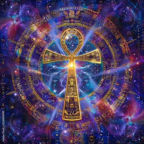 Golden ankh symbol amidst cosmic egyptian hieroglyphs and nebula