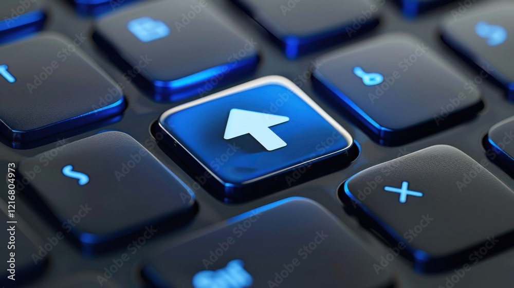 glowing blue arrow key on a sleek keyboard glowing blue arrow key on a sleek keyboard