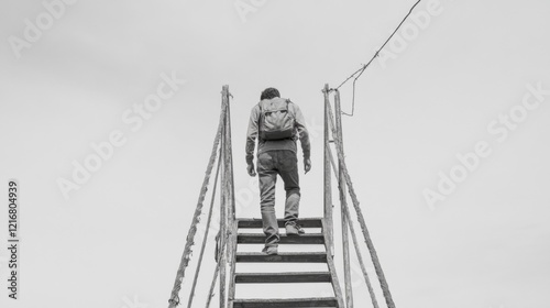 A lone figure ascends a weathered staircase under a cloudy sky, evoking solitude and reflection photo