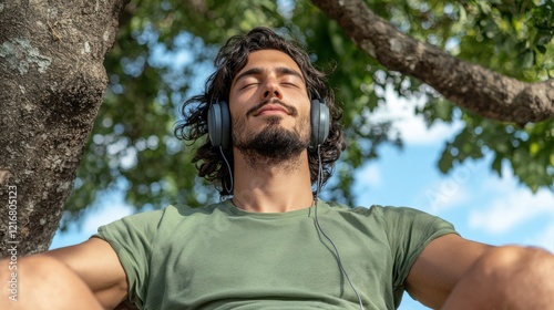 Man sitting under a tree, headphones on, feeling the peace of the moment