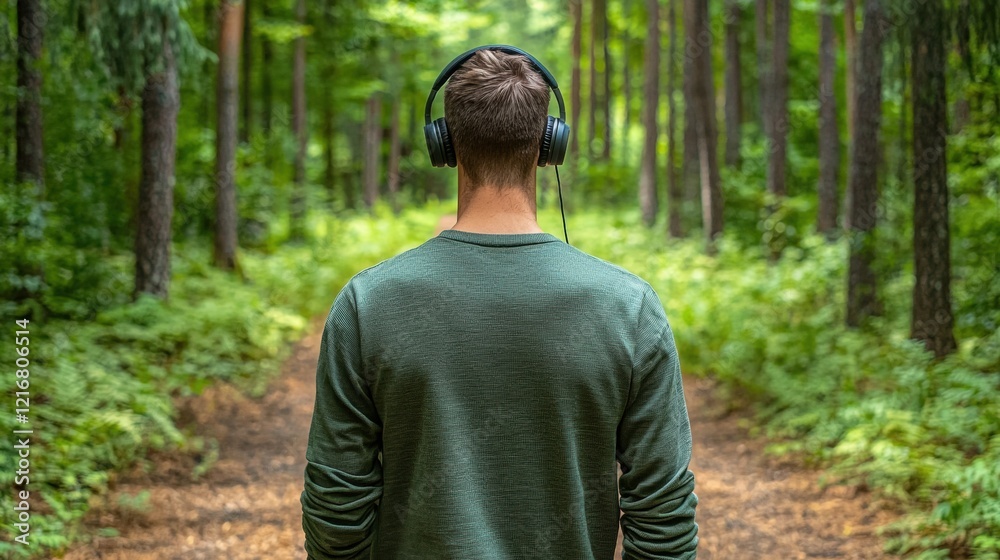 Man walking through a forest with headphones, feeling connected to nature Man walking through a forest with headphones, feeling connected to nature