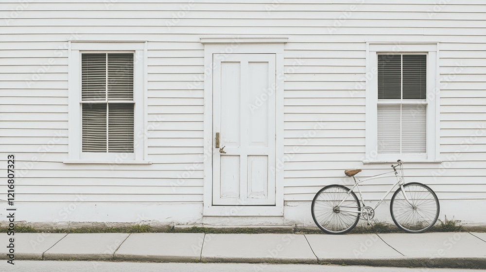 A minimalist white house with a bicycle parked beside a door and windows, evoking tranquility A minimalist white house with a bicycle parked beside a door and windows, evoking tranquility