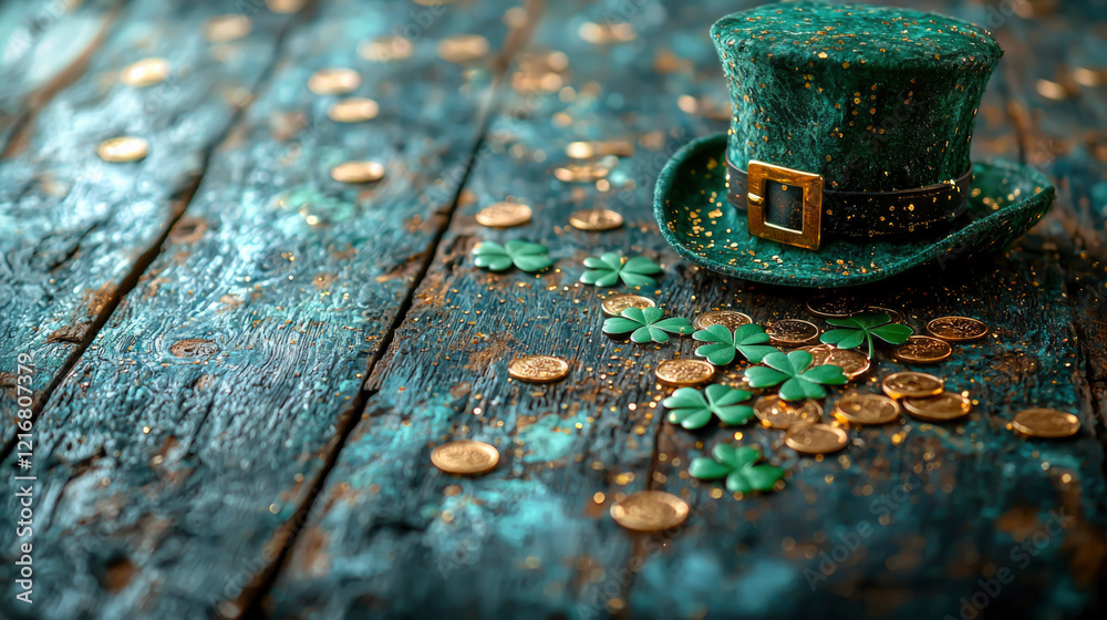 Rustic wooden table adorned with a festive green hat, clovers, and shimmering gold coins, creating a joyful atmosphere for St Patrick's Day celebrations Rustic wooden table adorned with a festive green hat, clovers, and shimmering gold coins, creating a joyful atmosphere for St Patrick's Day celebrations