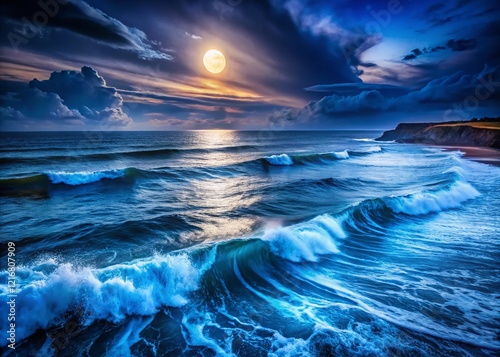 Aerial Night View: Ocean Waves Crashing on Blue Water Coastline