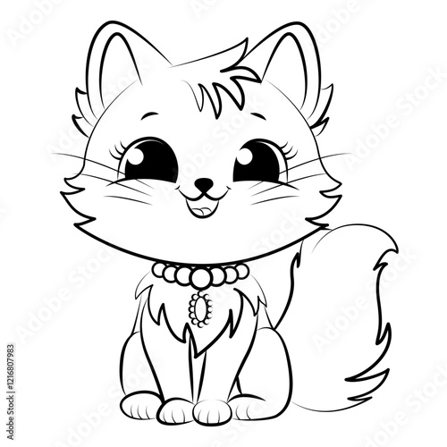 Vector illustration of a cute smiling kitten with necklace. It is a cartoon style illustration with black lines, ideal for coloring.