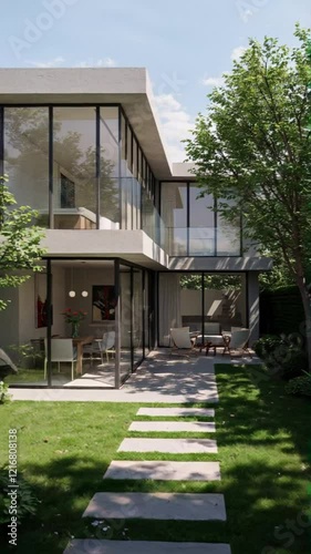 Modern glass house architecture with garden and stone path design in summer day