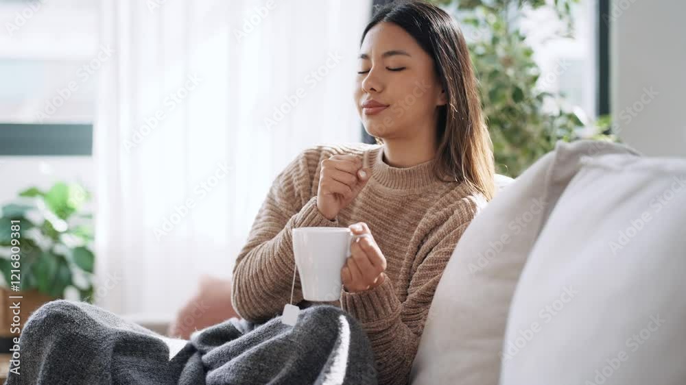 Video of illness young woman with sore throat drinking tea while lying with a blanket on the couch at home Video of illness young woman with sore throat drinking tea while lying with a blanket on the couch at home