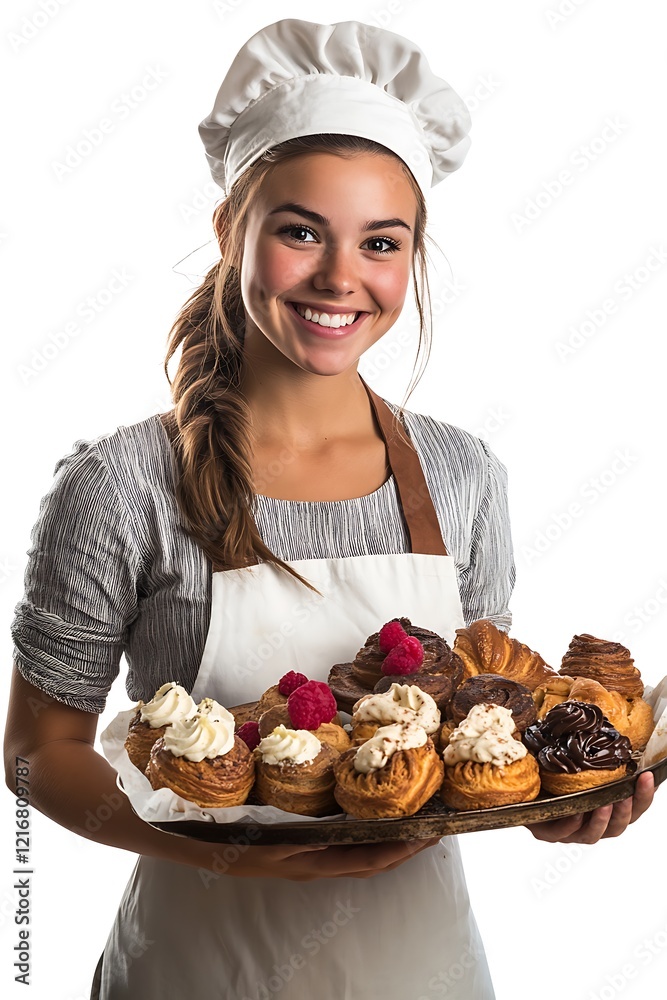 Cheerful baker with pastries isolated on white background portraits of delightful treats Cheerful baker with pastries isolated on white background portraits of delightful treats