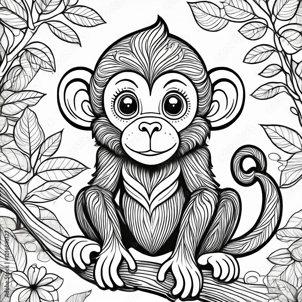 Obraz premium Adorable baby monkey sitting on a branch, surrounded by lush foliage
