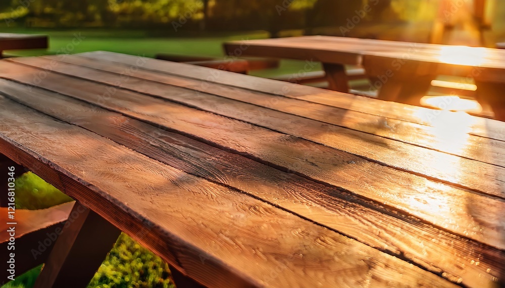 Rustic wooden picnic tables in a park at sunset Rustic wooden picnic tables in a park at sunset