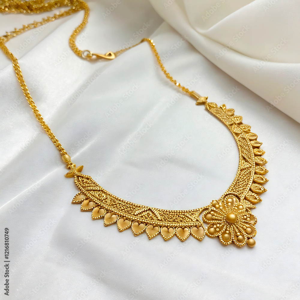 gold necklace on a wooden background gold necklace on a wooden background
