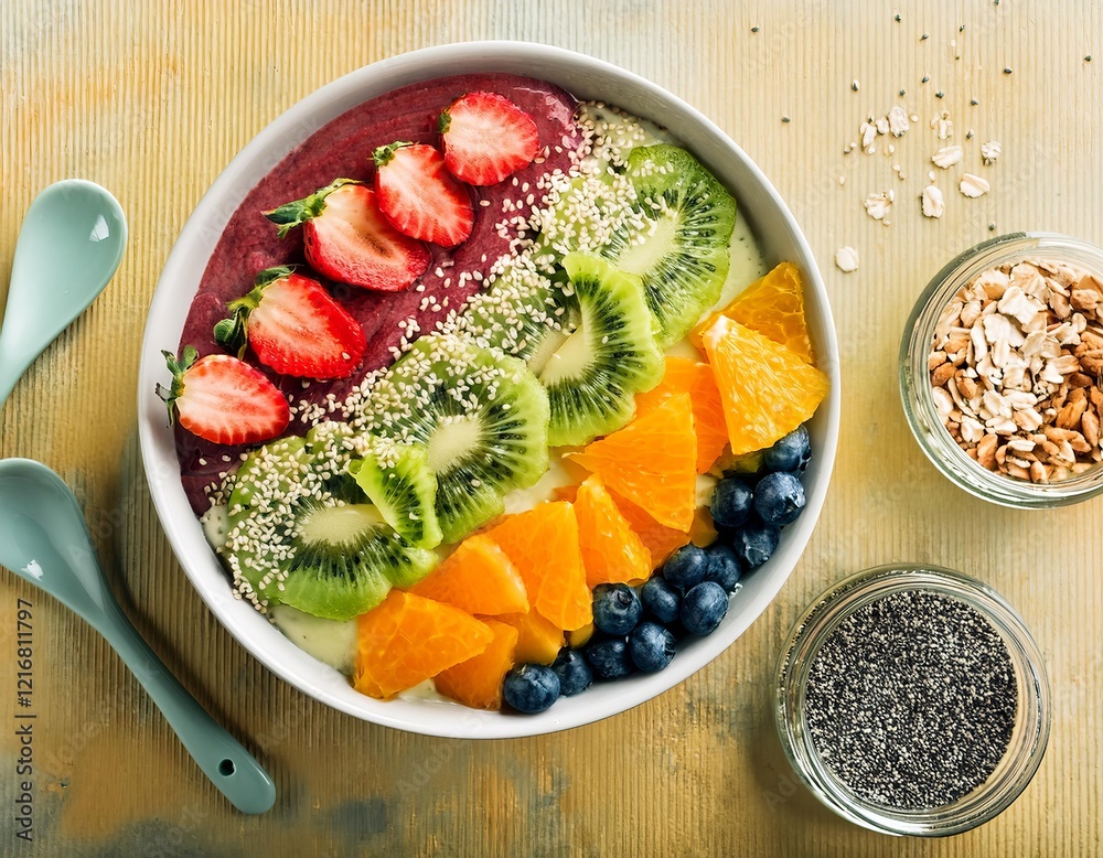 Delicious smoothie bowl decorated with fresh fruits for a healthy breakfast Delicious smoothie bowl decorated with fresh fruits for a healthy breakfast