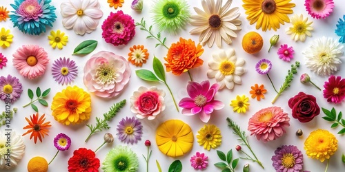 Colorful floral patterns on a white background with long-lasting flowers in various shapes and sizes, blossoms, stems