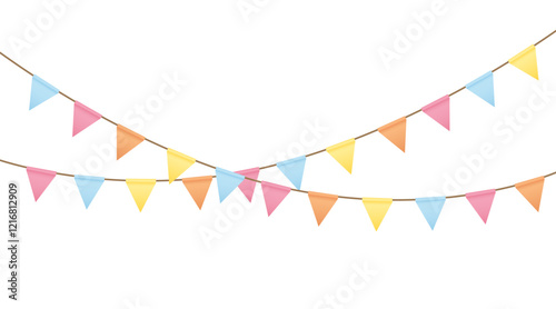 Festive Carnival garlands and bunting. Colorful triangle flags on rope for decoration of party, holiday, event, festive, celebration. Colorful pennants for banner, flyer template Vector design element