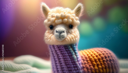 Colorful Knitted Alpaca in Rainbow Wool with Whitespace