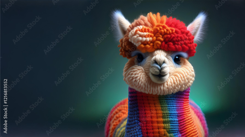 Colorful Knitted Alpaca in Rainbow Wool with Whitespace