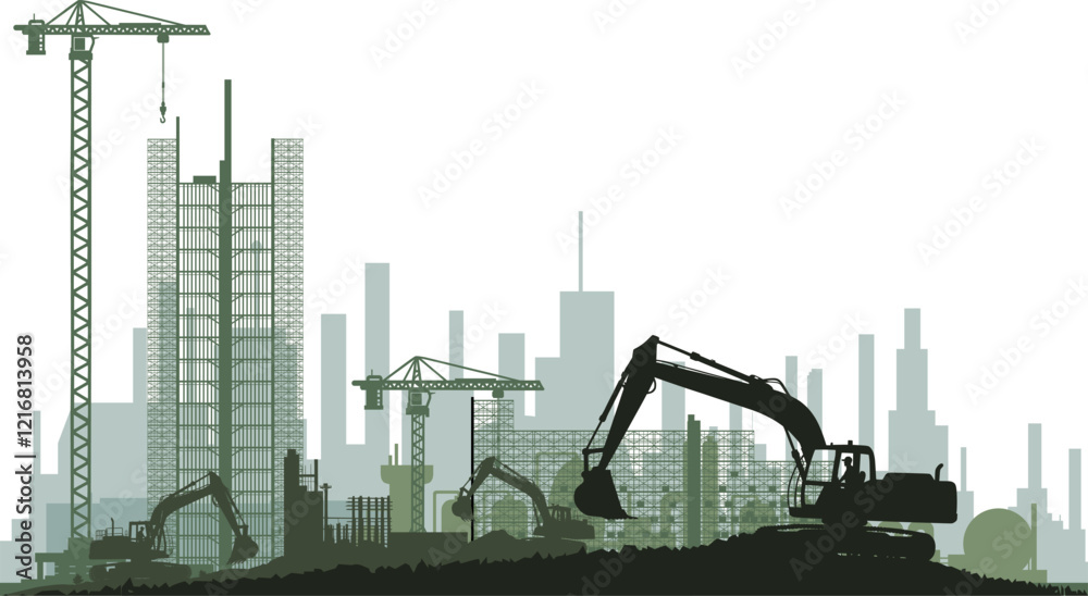Vektor Silhouetten Bauindustrie - Baumaschinen und Baukräne im Einsatz auf Baustellen - Industrie und Anlagen Investitionen in der Wirtschaft und in Unternehmen - Standort Stadt - Industriegebiet -