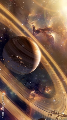 Majestic saturn-like planet with rings and distant galaxies in space artwork photo