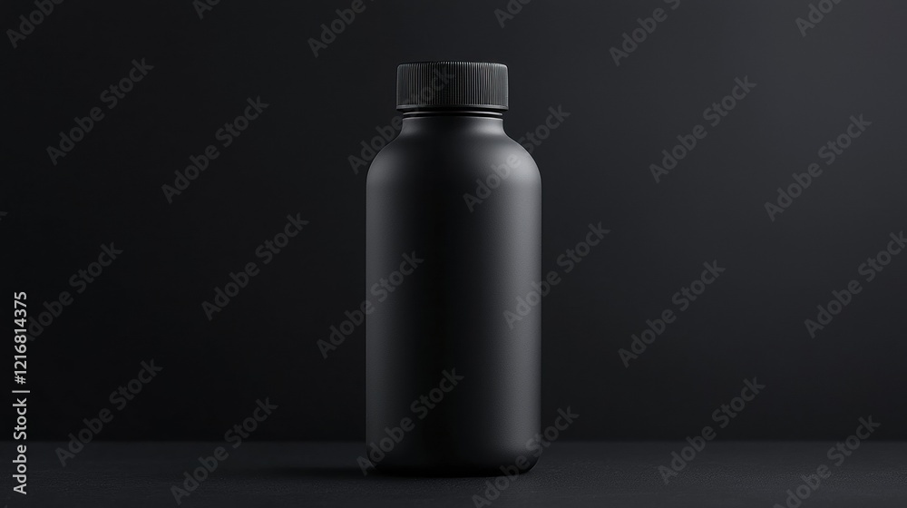 3d rendering of a black water bottle. the bottle is cylindrical in shape with a flat top and a narrow neck. it appears to be made of plastic or a similar material. 3d rendering of a black water bottle. the bottle is cylindrical in shape with a flat top and a narrow neck. it appears to be made of plastic or a similar material.