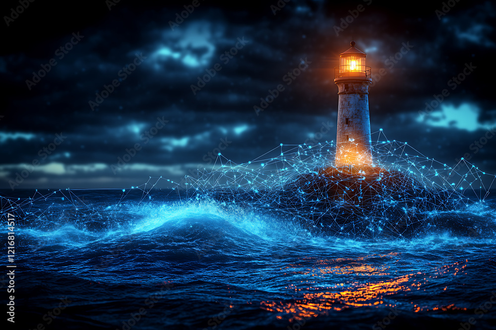 An abstract digital background combining a photorealistic lighthouse towering amidst a wild sea, accented by glowing blue and black connecting data points An abstract digital background combining a photorealistic lighthouse towering amidst a wild sea, accented by glowing blue and black connecting data points