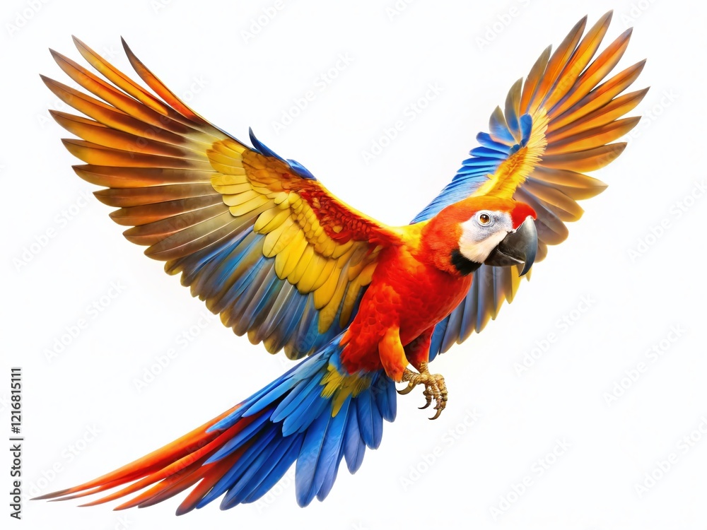 Fototapeta premium Aerial View of a Flying Parrot, Isolated Background for Design Projects