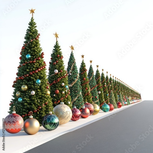 Festive Christmas trees line a street, holiday decorations, winter scene, perfect for cards photo