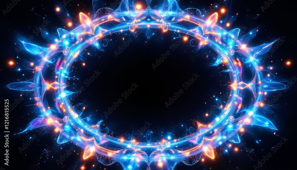 Obraz premium Vibrant blue and orange glowing abstract frame on a dark background.