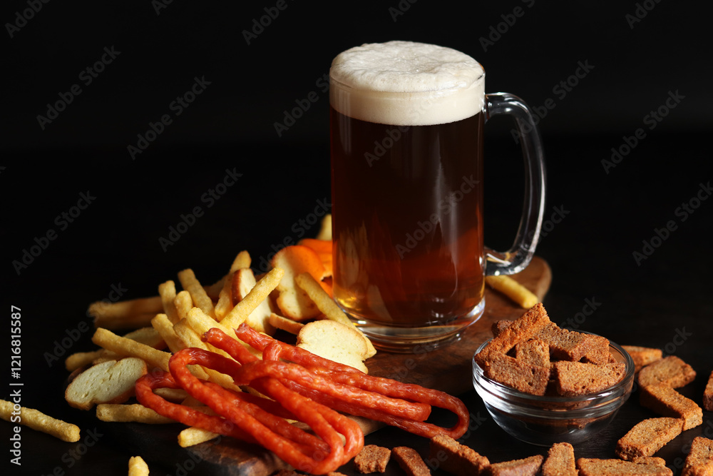 Glass with light beer and snacks on a dark background. Beer, French fries and hunting sausages. Glass on a wooden board and snacks. Light beer and bread croutons. Traditional glass beer mug Glass with light beer and snacks on a dark background. Beer, French fries and hunting sausages. Glass on a wooden board and snacks. Light beer and bread croutons. Traditional glass beer mug